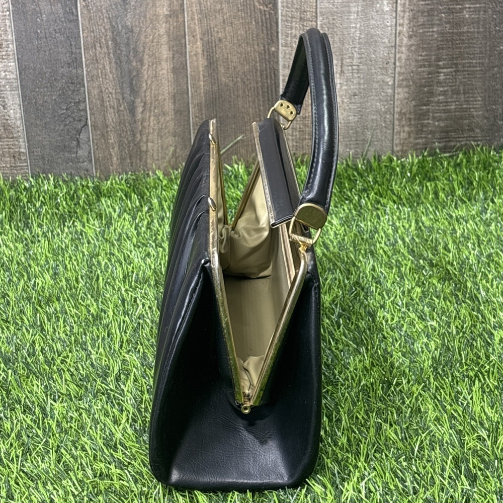 Vtg 50s Black Leather Wrapped Metal Top Handle Bag Gold Frame Clasp Purse - Picture 12 of 15